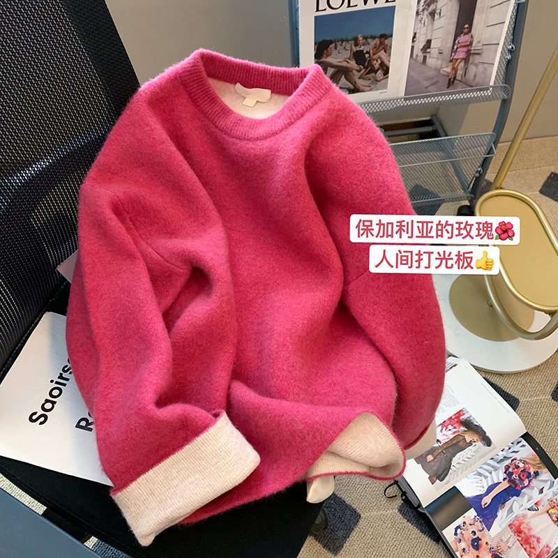 年冬季高級感小眾軟糯加厚套頭針織衫女潮 綿羊絨一體絨