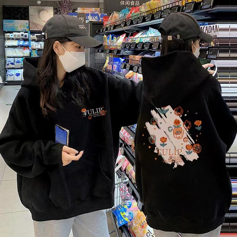 衛衣女2023新款加絨加厚黑色連帽減齡上衣套裝