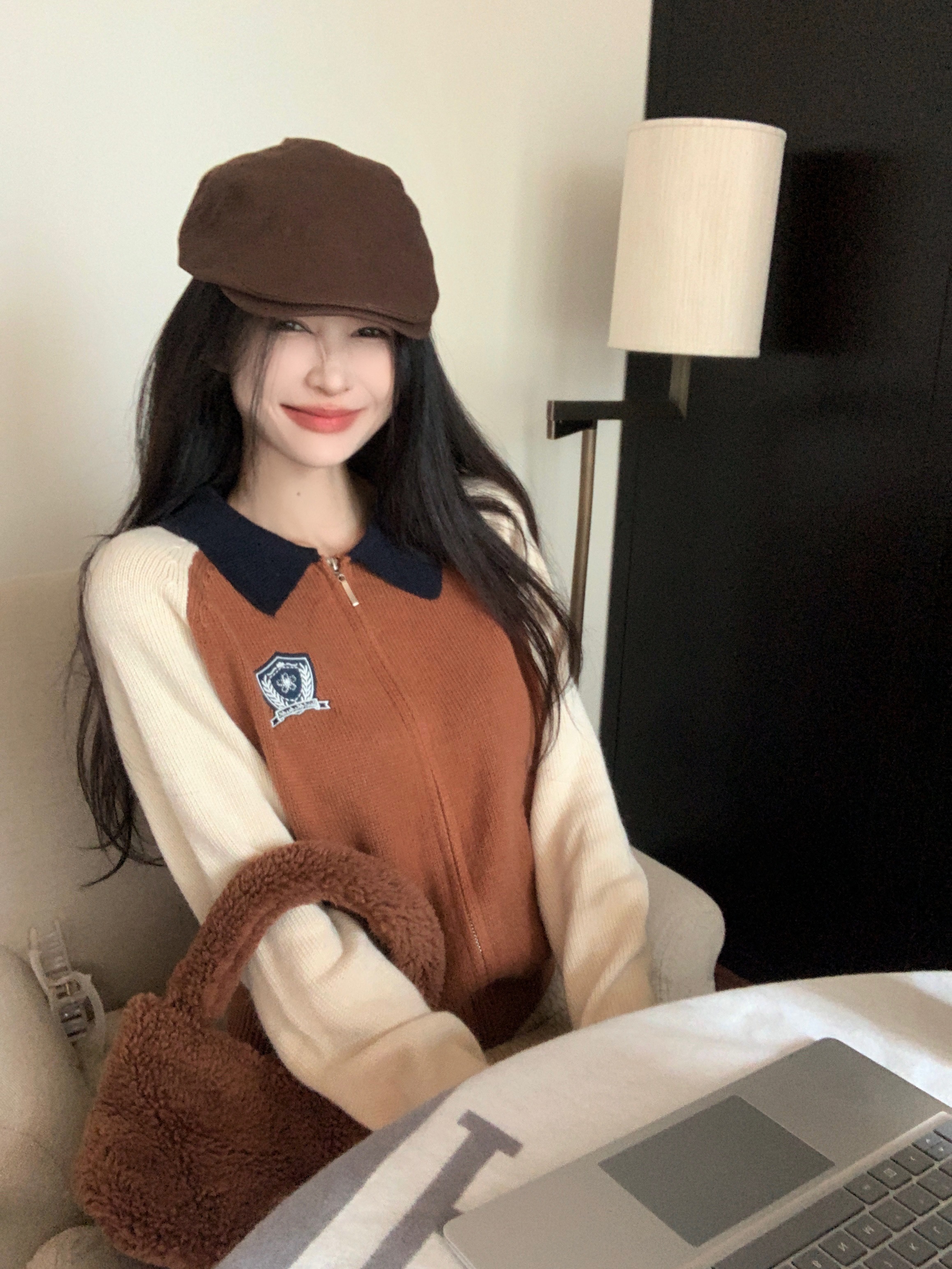 實拍~韓系復古拼色拉鏈針織衫女冬季直筒顯瘦百搭毛衣短外套