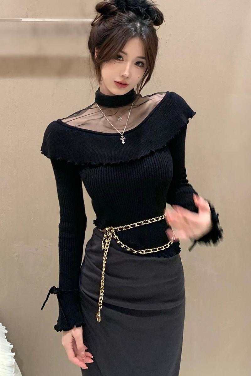 JMSHOP 偷偷藏不住 純欲網紗拼接針織衫女秋冬設計感小眾辣妹上衣