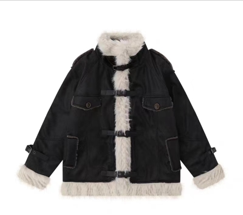 Thousands of girls American retro plus velvet thick lamb fur coat all-in-one motorcycle jacket women's winter cotton coat