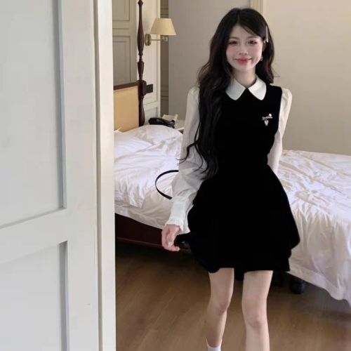 Gold velvet + zipper fake two-piece doll collar petite dress for women spring and autumn new French tutu skirt