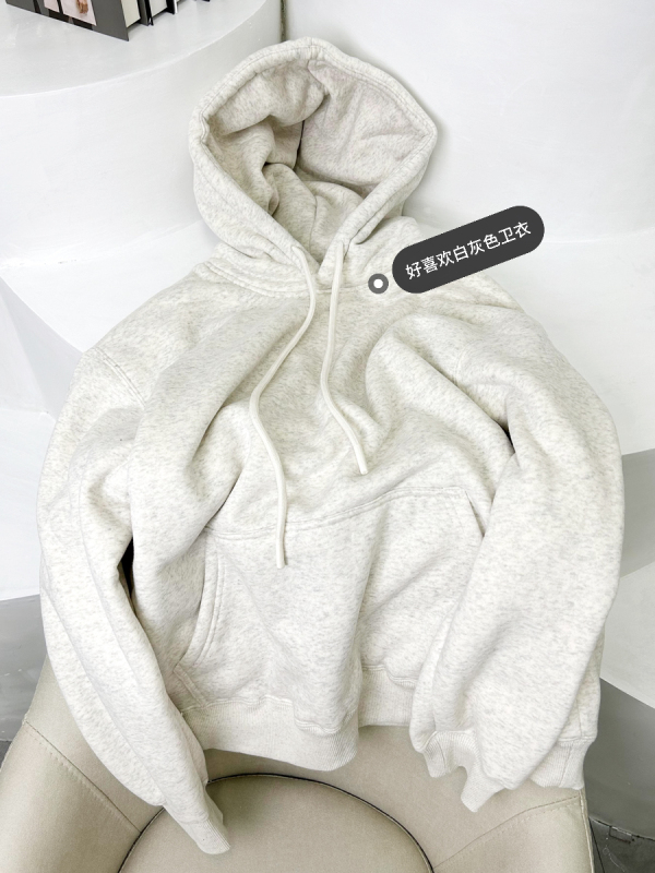 強推！純棉高質量加絨加厚雙層連帽羊羔毛白灰色衛衣寬鬆情侶帽衫