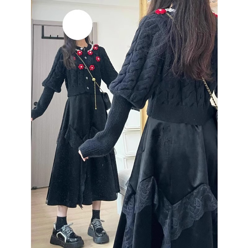 法式桔梗兩件套裝冬裝搭配一整套設計感氣質黑色毛衣慵懶風半身裙