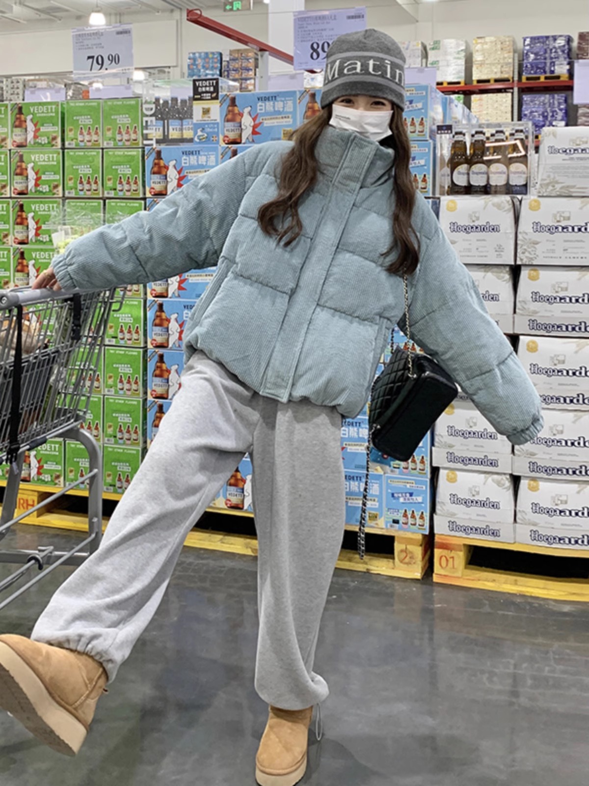 灰綠色燈芯絨羽絨棉服外套小個子2023冬新款韓系加厚立領棉衣棉襖