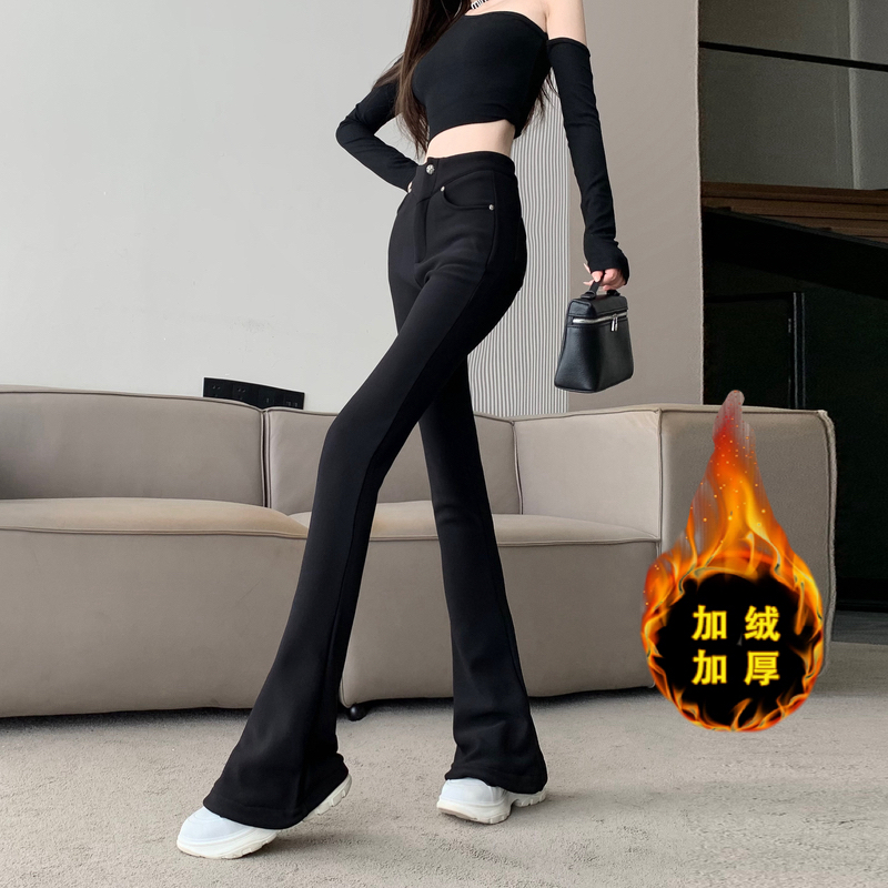 黑色加絨加厚微喇叭長褲女設計感秋冬新款時尚高腰馬蹄褲休閒長褲