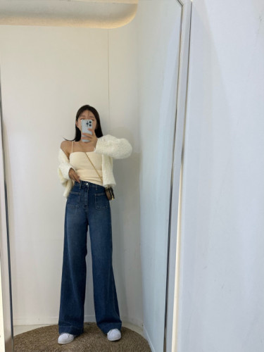 深蓝色美式牛仔裤秋季女高腰显瘦微喇裤设计感裤子