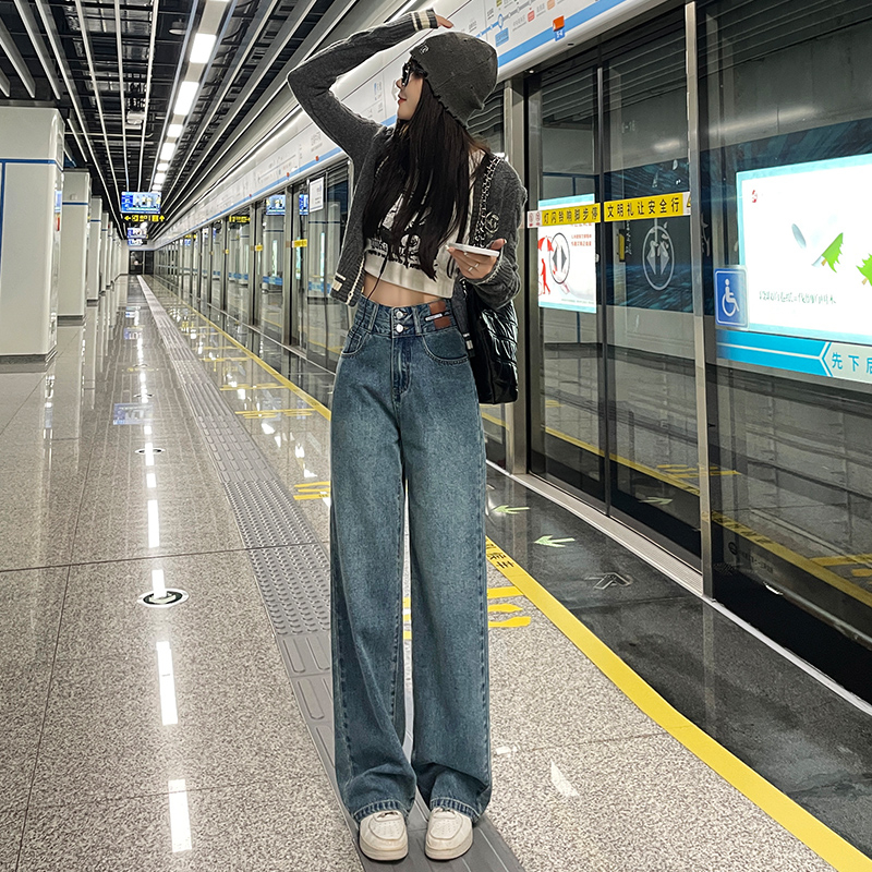 實拍2023秋季時尚加絨加厚直筒休閒高腰牛仔褲女