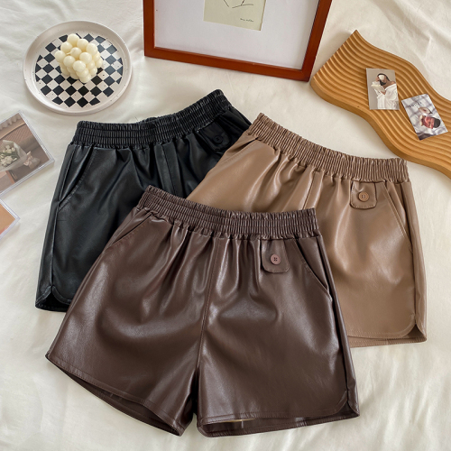 Actual shot of new winter high-waisted A-line wide-leg shorts PU leather pants casual elastic waist bottoming boots pants