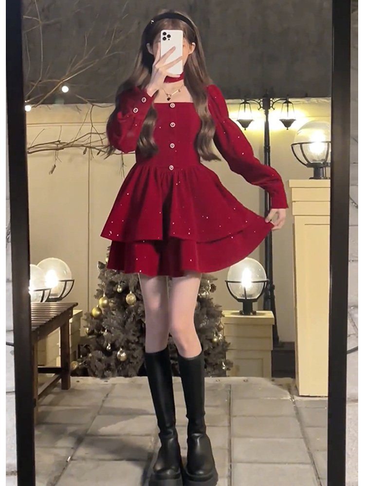 法式復古紅色碎閃聖誕連衣裙女裝秋冬2023收腰內搭長袖短裙子