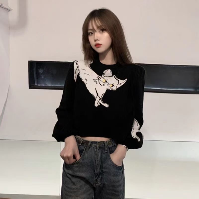 韓版代購黑色毛衣短款女套頭高腰港味小個子港風復古chic外穿貓咪