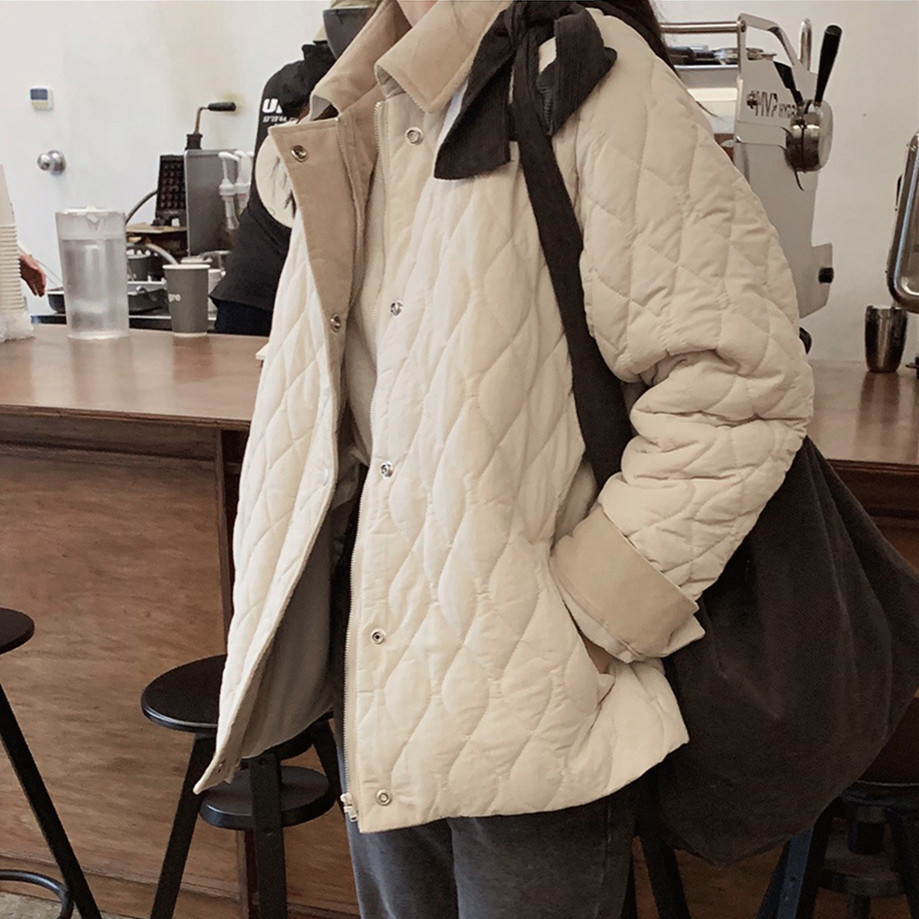 Wave plaid quilted cotton color block collar lambswool cotton coat for women 2023 winter new small quilted lambswool cotton casual jacket