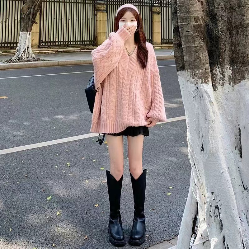 韓系穿搭套裝小個子寬鬆慵懶風麻花針織毛衣百褶半身裙兩件套秋冬