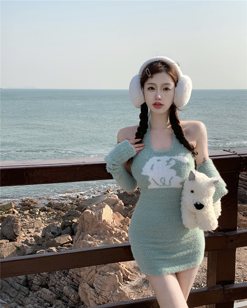 實拍 軟糯兔子掛脖修身顯瘦連衣裙又純又欲設計感套袖小套裝