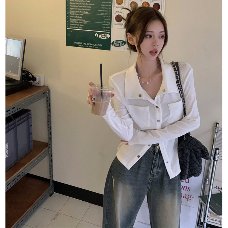 t恤女春秋款短款小眾設計感顯瘦辣妹polo衫白色緊身長袖開衫上衣