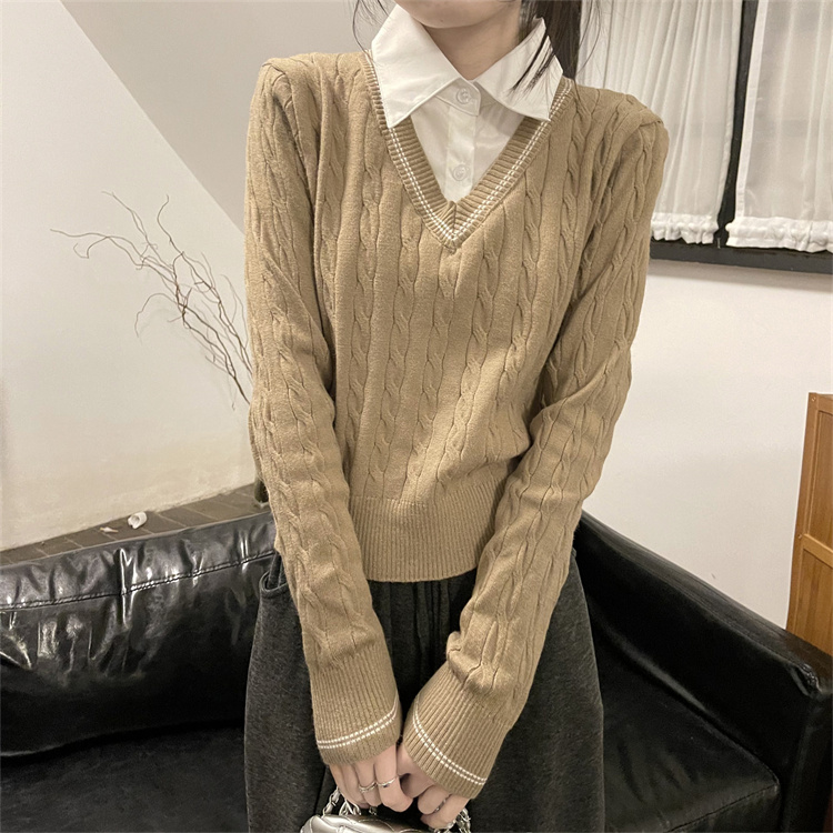 實拍學院風襯衣拼接假兩件針織套頭衫女麻花修身內搭上衣