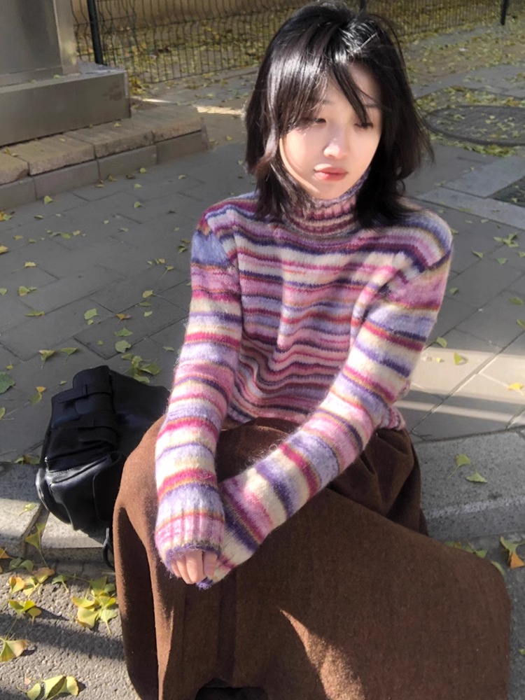 AN Maiden 設計感撞色彩虹高領毛衣女秋冬高級感小眾外穿套頭上衣