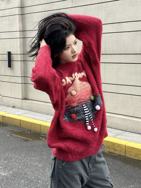 LOENTO 美式復古聖誕樹提花水貂毛毛衣男秋冬寬鬆情侶針織上衣