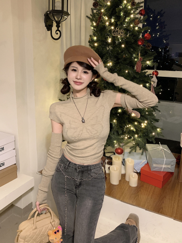 Real shot of designer butterfly detachable sleeves half turtleneck bottoming shirt for women with knitted top