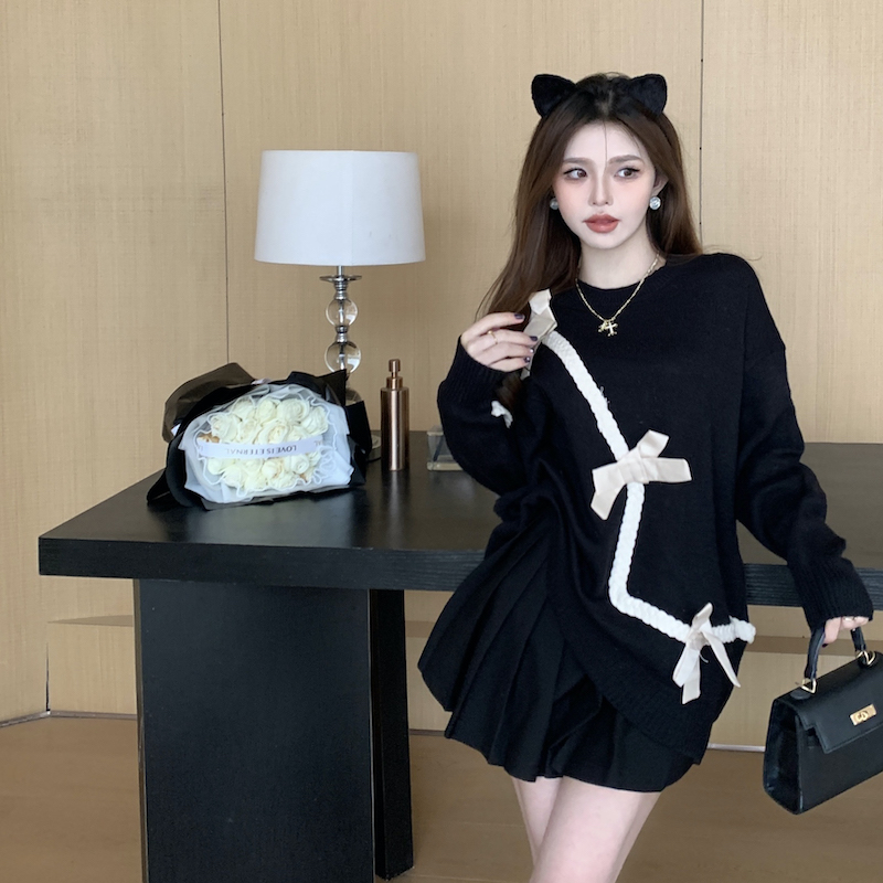 實拍 女裝新款毛衣女百搭韓版寬鬆學生蝴蝶結系帶套頭針織