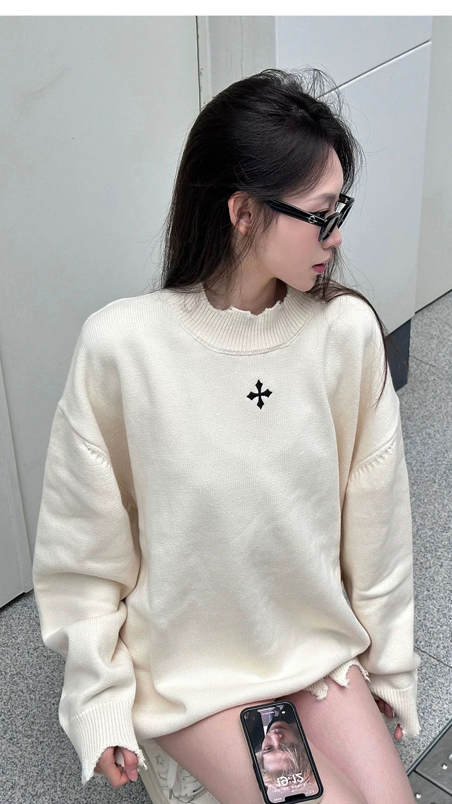 十字架繡花大破壞休閒毛衣外套美式復古針織衫潮牌