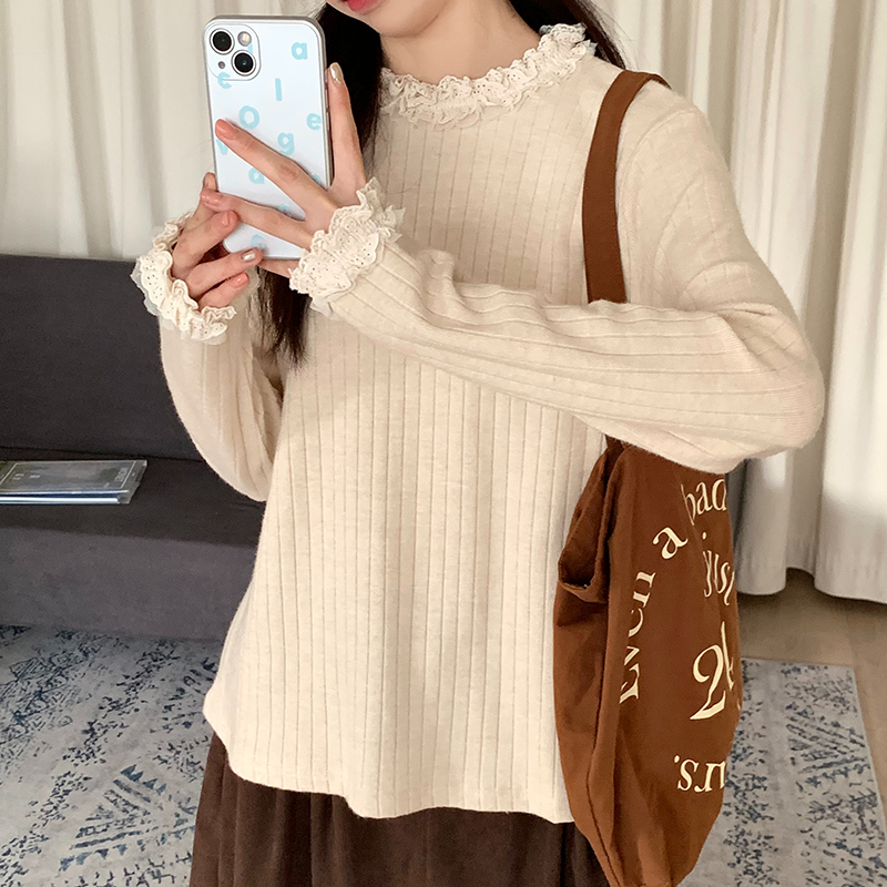 韓系百搭花邊針織打底衫內搭上衣女秋冬2023新款女