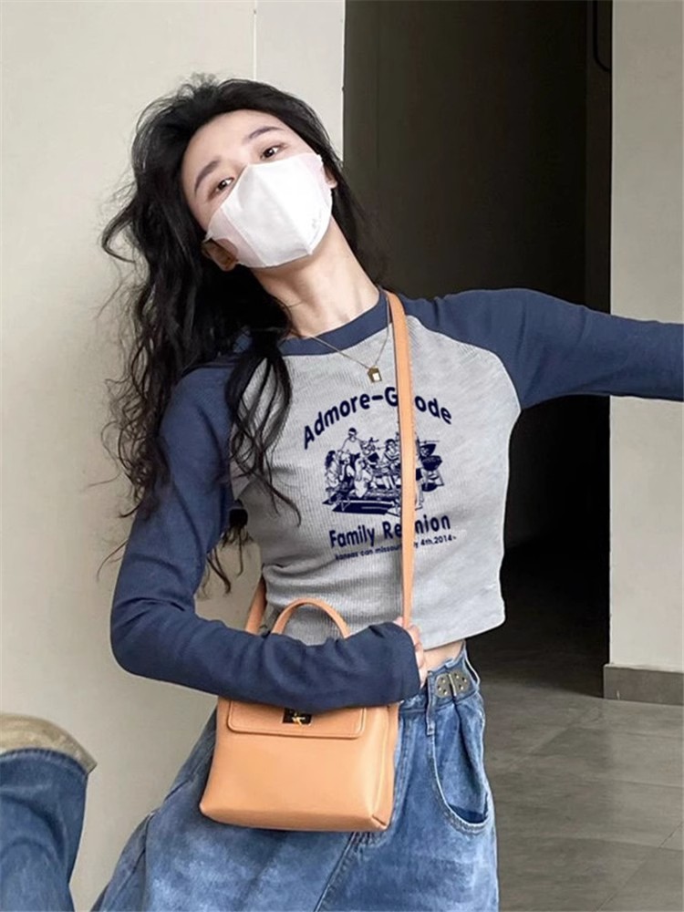 包肩包領港風復古修身長袖t恤新款美式打底衫撞色插肩t恤上衣