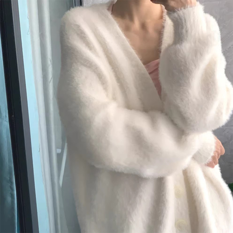 奶fufu慵懶風馬海毛白色毛衣女秋冬季穿搭上衣軟糯針織衫開衫外套