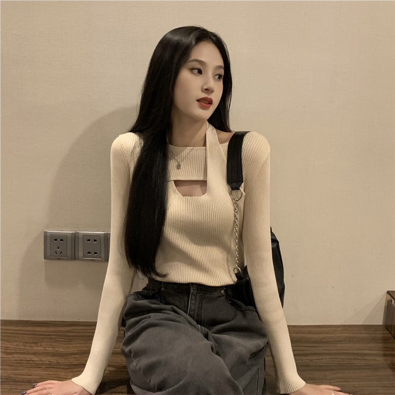 Real shot of design niche hollow halter neck long-sleeved knitted bottoming shirt fake two-piece T-shirt top for women