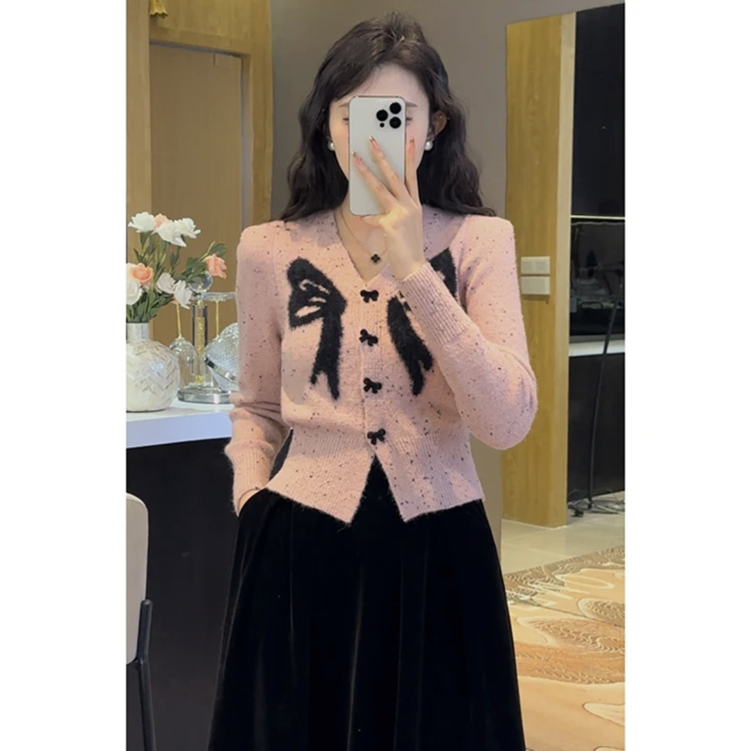 歐洲站2023年新款秋冬V領蝴蝶結針織衫長袖時尚百搭毛衣開衫上衣