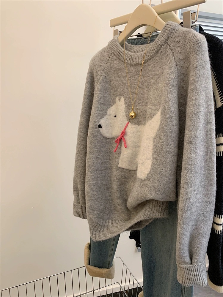 kumikumi puppy embroidered three-dimensional bow sweater women's winter sweet age-reducing sweater versatile top