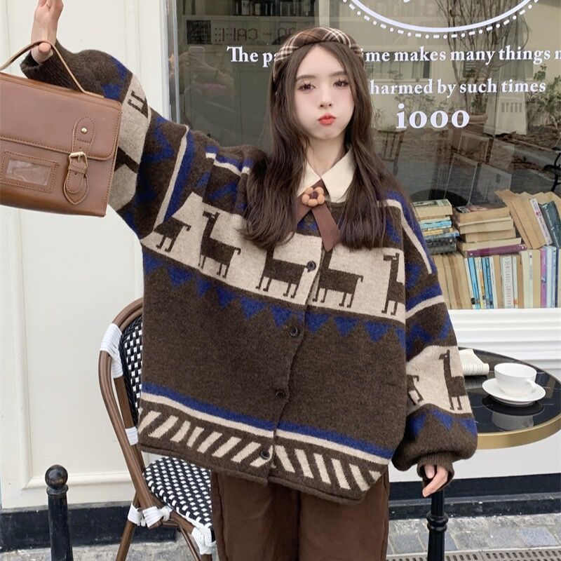 復古拼色提花毛衣外套開衫女秋冬外穿寬鬆慵懶風oversize針織上衣