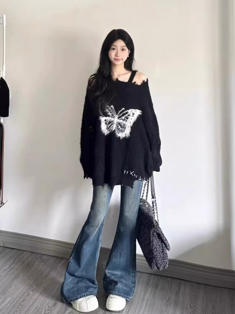 軟糯日系蝴蝶結慵懶風寬鬆毛衣女士秋冬新款設計感破洞針織衫上衣