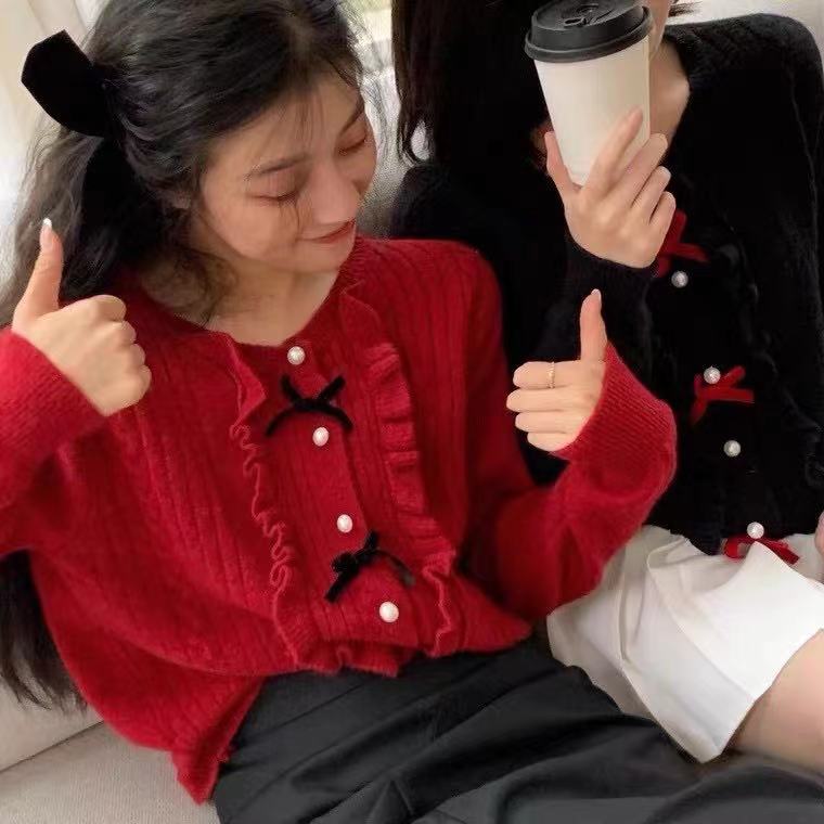 仙女の新年戰衣 紅色針織衫開衫可愛日系荷葉邊蝴蝶結長袖軟妹風