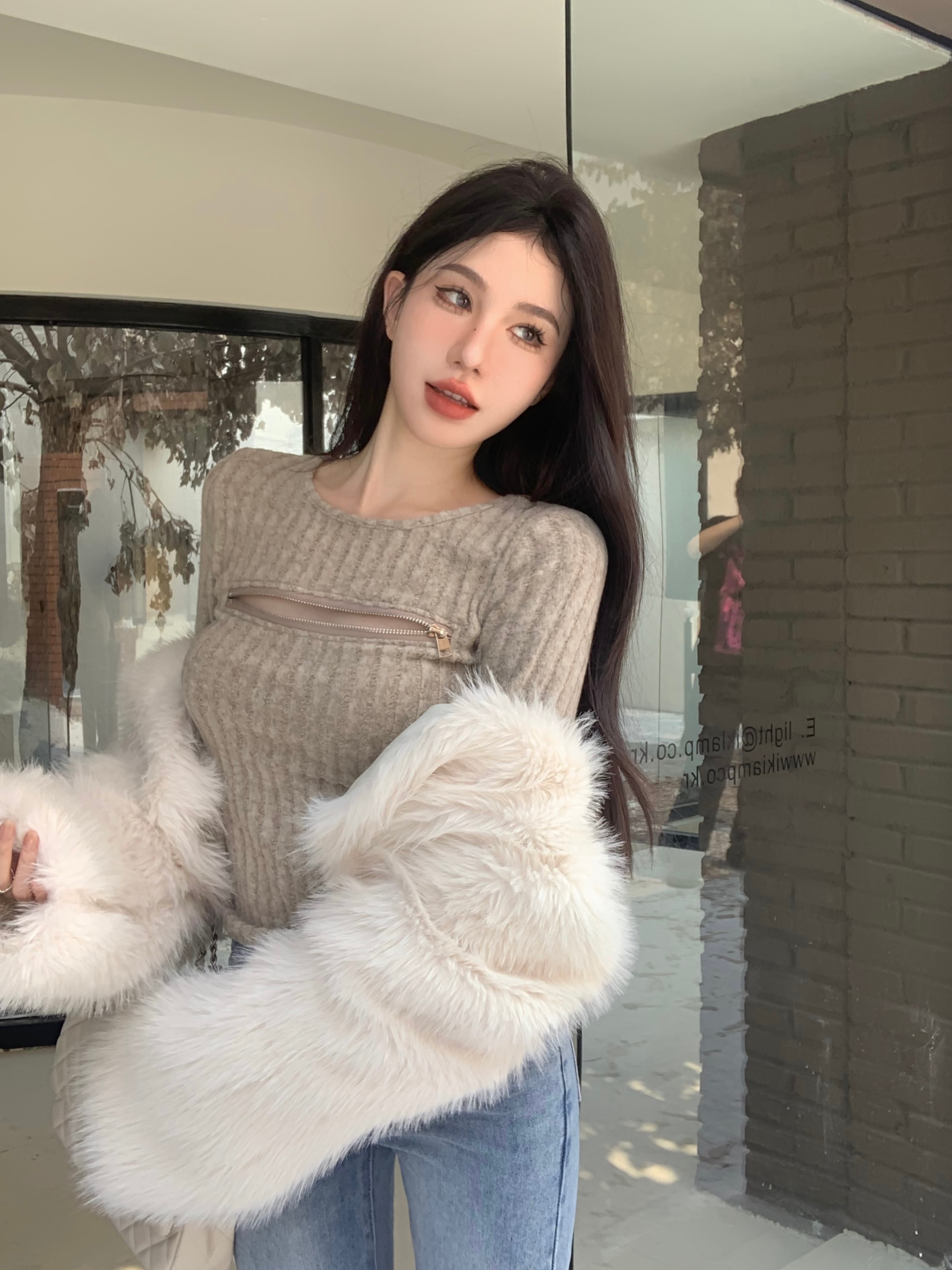 人棉磨毛 拉鏈小設計感女秋冬性感別致修身短款長袖內搭打底上衣