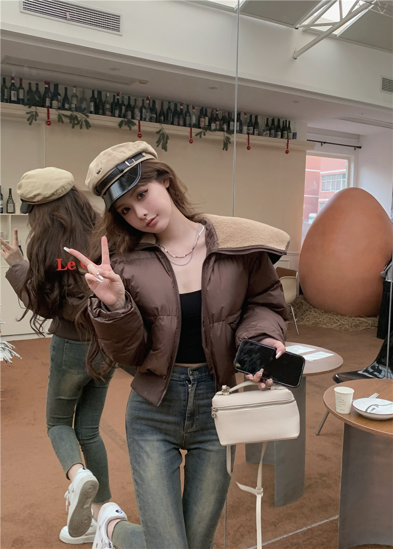 實拍~羽絨服短款2023新款羊羔毛拼接大翻領小個子設計感外套