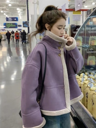 Purple suede fur one-piece lambswool coat for women small short loose winter  new top