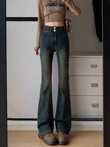 Retro cement gray micro-flared jeans for women in spring and autumn new high-waisted slim fit stretch floor-length horse hoof pants