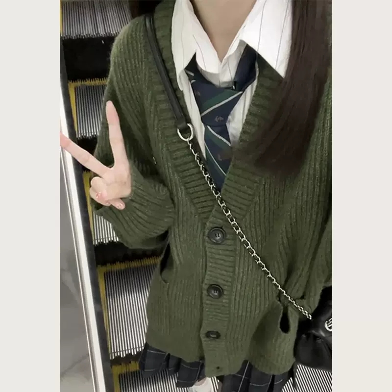 綠色針織開衫外搭毛衣外套女秋冬季2023新款寬鬆慵懶風高級感上衣