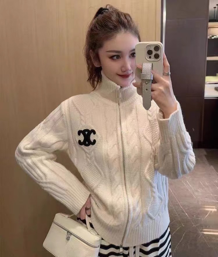 凱旋門刺繡雙面繡花拉鏈高領長袖麻花針織開衫毛衣外套女2023秋冬