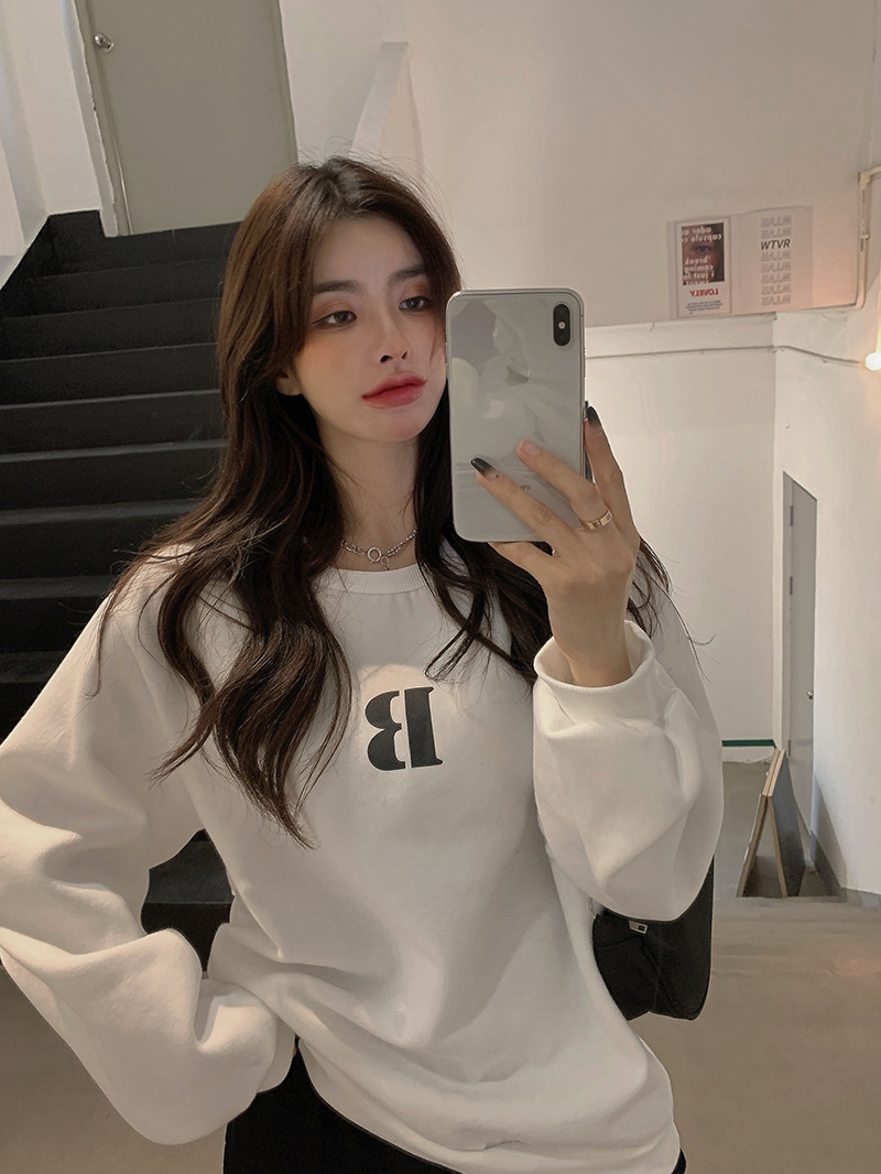 實拍 2023秋冬韓版寬鬆休閒百搭印花加棉加厚圓領套頭衛衣 女