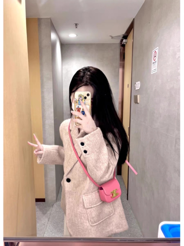 粉色短款呢子大衣女2023秋冬季新款毛呢外套高級感小個子氣質韓系
