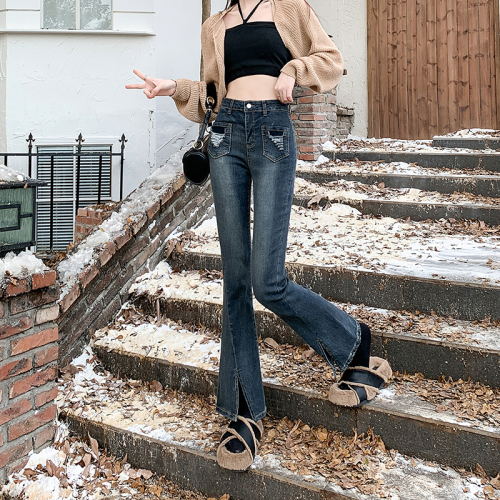 Real shot ~ Hot girl retro jeans for women in autumn high-waisted slimming boot-cut pants with design sense of slit long pants