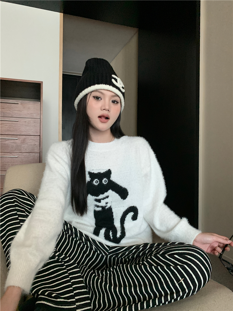實拍 軟糯可愛貓咪提花毛絨長袖毛衣