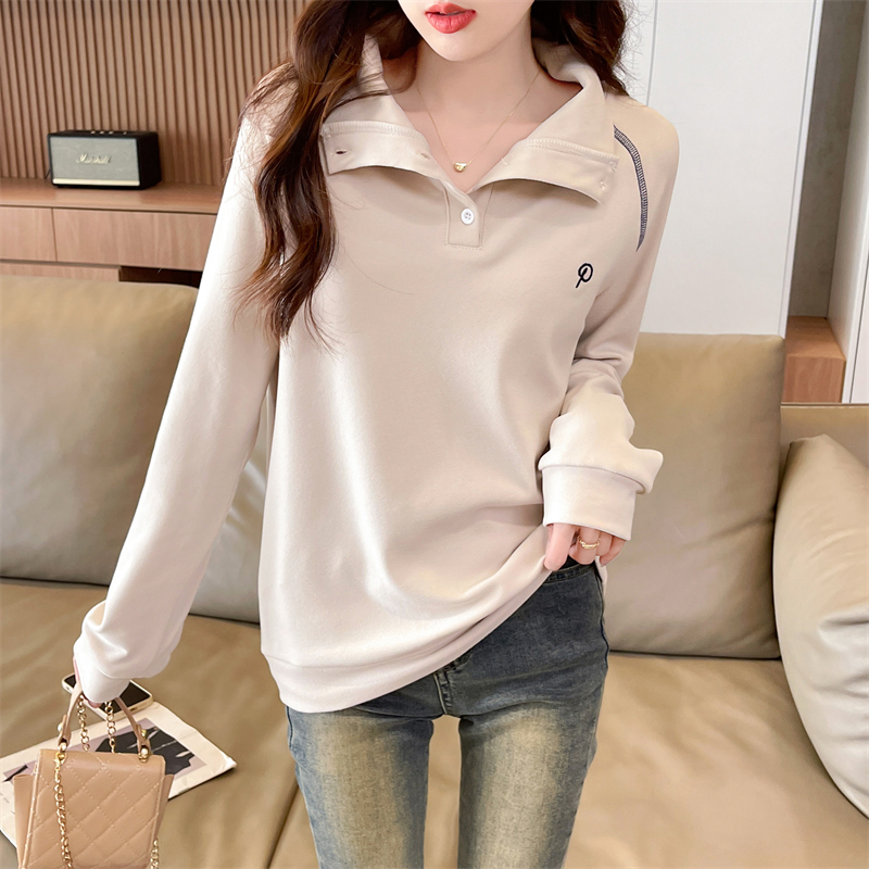 Actual shot of new spring and autumn loose 280g German velvet POLO collar embroidered warm splicing long-sleeved bottoming shirt T-shirt for women