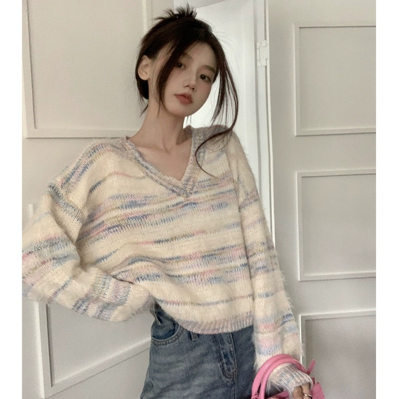 溫柔風軟糯v領條紋毛衣女春秋寬鬆短款內搭仿貂絨打底針織衫上衣