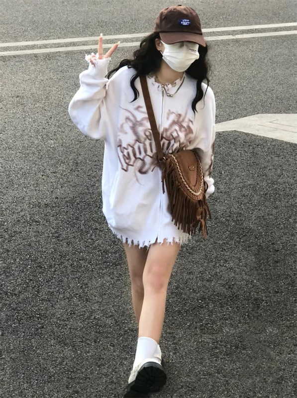 設計感拉鏈針織開衫上衣女2023新款秋季街頭嘻哈破洞寬鬆毛衣外套