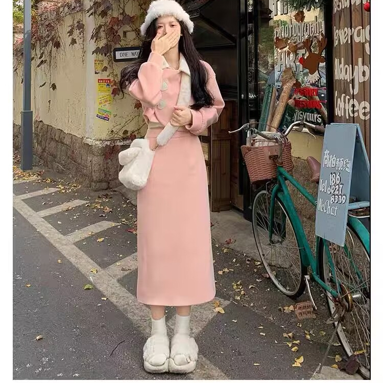 高級感富家千金粉色毛呢外套女秋冬新款奶乖奶糯風兩件套裝半身裙
