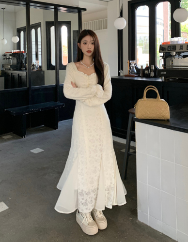 Real shot long-sleeved brushed lapel waist dress 2023 autumn and winter new slim lace dress
