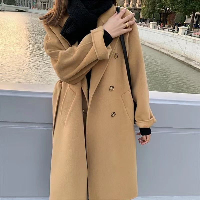 美拉德卡其色呢子大衣女2023早秋冬裝新款赫本風中長款毛呢外套女